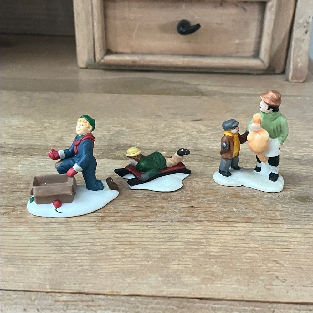 Three Dept 56 Christmas Village Accessories Heritage Dickens Collection Sledding